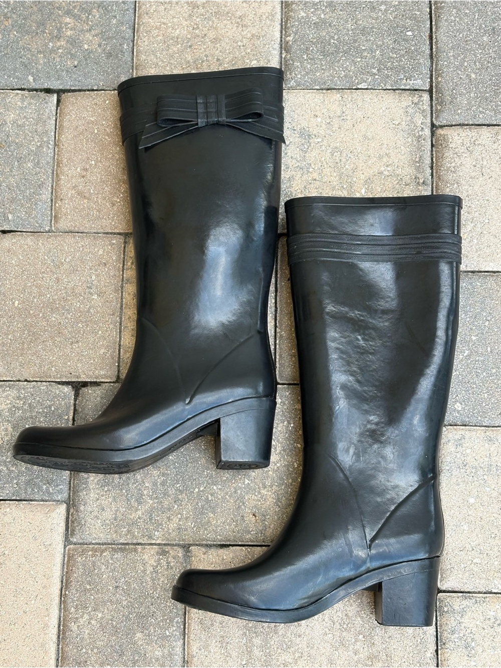 Kate Spade New York Black Bow Rain Boots Size 8 Tall Heeled Rubber